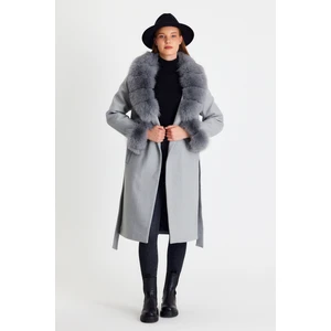 Nero Leather Fur Gri Kadın Kaşe Kaban Yaka ve Manşet Kürk HN01