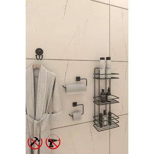 Alper Banyo Yapışkanlı Siyah 3 Katlı Düz Banyo Rafı TŞ03, Kare Solo Havluluk, Kare Tuvalet Kağıtlığı, Lotus Bornoz Askılık Banyo Seti