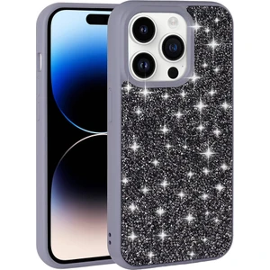 Case 4u Apple iPhone 14 Pro Max Kılıf Parlak Taşlı Tasarım Pırlanta Kapak Gri