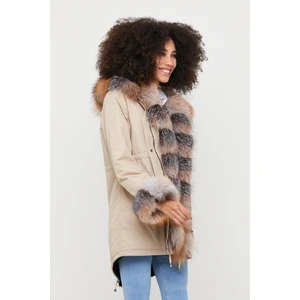 Nero Leather Fur Kadın Parka Su Geçirmez Kumaş (Bej Kumaş - Otoban Tüy)