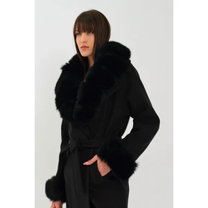 Nero Leather Fur Siyah Kadın Kaşe Kaban Yaka ve Manşet Kürk HN01