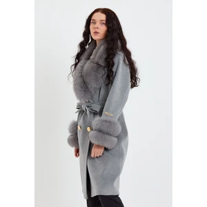 Nero Leather Fur Gri Kadın Kaşe Kaban Yaka ve Manşet Kürk Mdl1