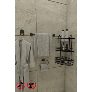 Alper Banyo Siyah Yapışkanlı 3 Katlı Banyo Köşe Rafı EK03, Lotus Siyah Uzun Havluluk, Açık Kağıtlık, 2'li Bornoz Askılık Banyo Seti