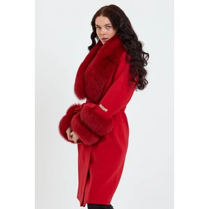 Nero Leather Fur Krmızı Kadın Kaşe Kaban Yaka ve Manşet Kürk Mdl1