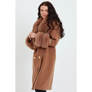 Nero Leather Fur Kamel Kadın Kaşe Kaban Yaka ve Manşet Kürk Mdl1