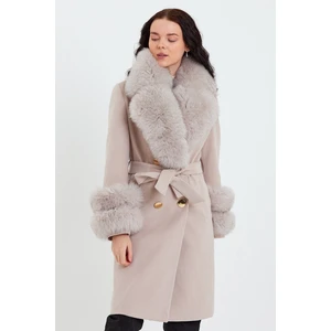 Nero Leather Fur Krem Kadın Kaşe Kaban Yaka ve Manşet Kürk Mdl1