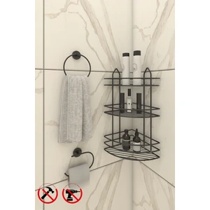 Alper Banyo Siyah Yapışkanlı 3 Katlı Banyo Köşe Rafı EK03, Lotus Siyah Halka Havluluk, Açık Kağıtlık, Banyo Seti