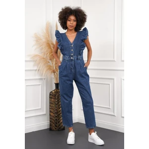 Kadın Fırfır Detaylı Kolsuz Mom Kalıp Denim Tulum
