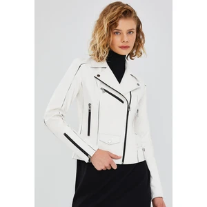 Bella Kadın Beyaz Slim-Fit Biker Deri Ceket