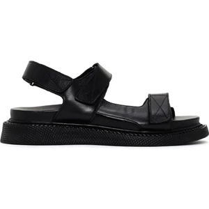 Kadın Siyah Bantlı Deri Comfort Sandalet