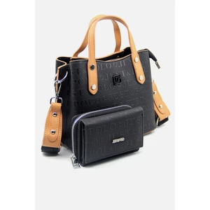 Just Polo Siyah Taba Kolon Askı Mini Boy 4 Bölmeli Kadın El ve Omuz Çantası ve Cüzdan Kombini PBU3922