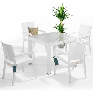 Nar Sokağı Zeugma Beyaz 90X90 cm Camlı Rattan Bahçe Balkon Masa Takımı