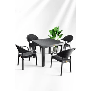 Nar Sokağı Bambu Siyah 90X90 cm Camsız Rattan Bahçe Balkon Masa Takımı