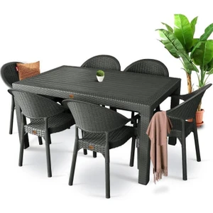 Nar Sokağı Bambu Siyah 90X150 cm Camsız Rattan Bahçe Balkon Masa Takımı