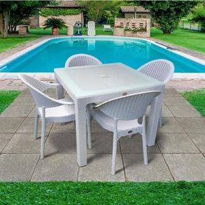 Nar Sokağı Bambu Beyaz 90X90 cm Camlı Rattan Bahçe Balkon Masa Takımı