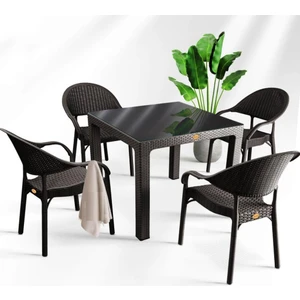 Nar Sokağı Bambu Kahve 90X90 cm Camlı Rattan Bahçe Balkon Masa Takımı