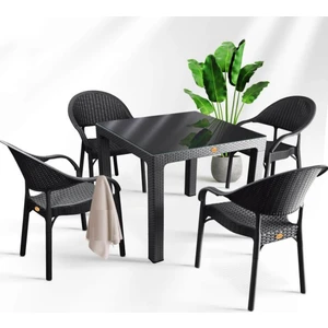 Nar Sokağı Bambu Siyah 90X90 cm Camlı Rattan Bahçe Balkon Masa Takımı