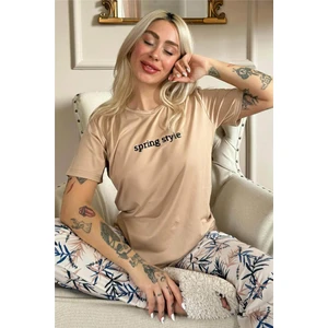 Pijama Evi Somon Spring Style Desenli Kısa Kollu Örme Kadın Pijama Takımı