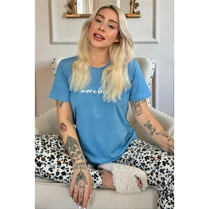 Pijama Evi Mavi More Love Desenli Kısa Kollu Örme Kadın Pijama Takımı