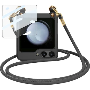 Seashell Digital Samsung Galaxy Z Flip5 5g Sert Pc Geri Ince Koruyucu Temperli Cam Küçük Ekran Film Omuz Kayışı Black Telefon Kılıfı (Yurt Dışından)