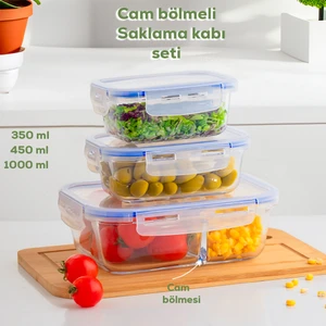 Kilitli Kapaklı 3 Lü Çok Amaçlı Gıda Erzak Kahvaltılık Cam Saklama Kabı Seti 350-450-1000 ml