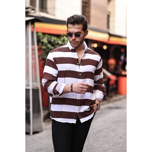 Çizgili Müslin Yıkamalı Gömlek - Kahve