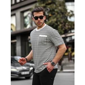 Bisiklet Yaka Tek Cepli Çizgili T-Shirt - Siyah