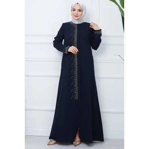 Hafsa Mina Işıl Taş Detaylı Büyük Beden Ferace Lacivert HM2351