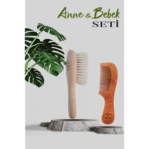 % 100 Doğal Keçi Kılı Bebek Saç Fırçası ve Doğal Ahşap Tarak 2'li Anne Bebek Bakım Seti