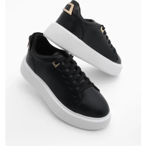 Kadın Sneaker Kalın Taban Altın Toka Detaylı Bağcıklı Spor Ayakkabı Rofke Siyah