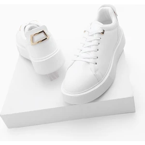 Kadın Sneaker Kalın Taban Altın Toka Detaylı Bağcıklı Spor Ayakkabı Rofke Beyaz