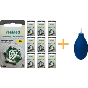 Yesmed Extra Power 10 Numara Işitme Cihazı Pili (10 Paket x 6 Adet = 60 Adet Pil) + Hediye Işitme Cihazı El Pompası-Puar