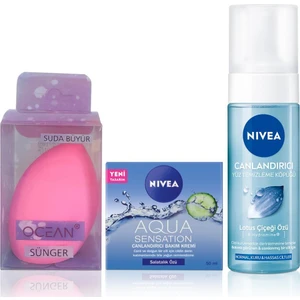 Aqua Sensation Canlandırıcı Bakım Kremi 50ML, Canlandırıcı Yüz Temizleme Jeli 200ML, Sünger Hediyeli