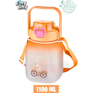 Tritan 1100 ml Çocuk Askılı Pipetli pipetsiz Kullanım Su Matarası Çıkartma Hediyeli