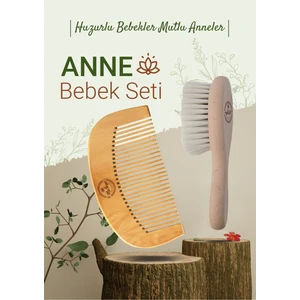 %100 Doğal Keçi Kılı Bebek Konak Saç Fırçası ve Doğal Ahşap Tarak 2'li Anne Bebek Seti