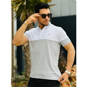 Beyaz Gri Kagi Ston Parçalı Polo Yaka Kısa Kollu T-Shirt