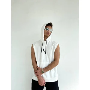 Beyaz Pamuklu Kumaş Jordan Nakış Baskı Detaylı Kapüşonlu Sıfır Kol T-Shirt