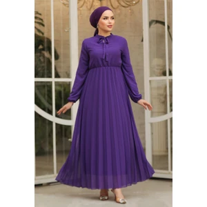Neva Style Yakası Bağlamalı Mor Tesettür Elbise 50351MOR