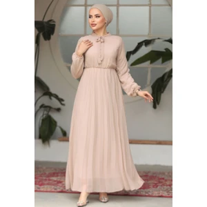 Neva Style Yakası Bağlamalı Bej Tesettür Elbise 50351BEJ