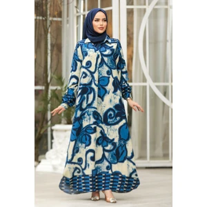Neva Style Çiçek Desenli Indigo Mavisi Tesettür Elbise 23171IM
