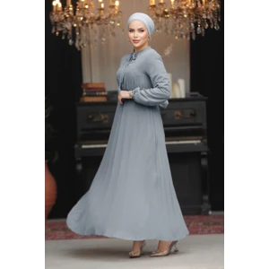Neva Style Yakası Bağlamalı Gri Tesettür Elbise 50351GR