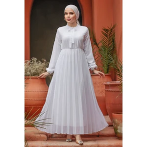 Neva Style Yakası Bağlamalı Beyaz Tesettür Elbise 50351B
