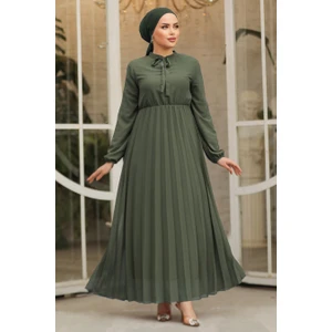 Neva Style Yakası Bağlamalı Haki Tesettür Elbise 50351HK