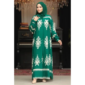 Neva Style Çiçek Desenli Zümrüt Yeşili Tesettür Elbise 23172ZY