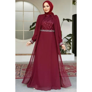 Neva Style Pelerinli Bordo Tesettür Abiye Elbise 25876BR