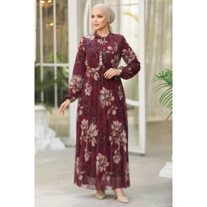 Neva Style Çiçek Desenli Bordo Tesettür Elbise 50355BR