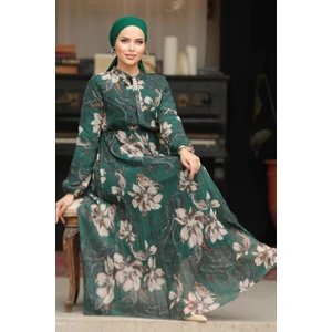 Neva Style Çiçek Desenli Zümrüt Yeşili Tesettür Elbise 50355ZY