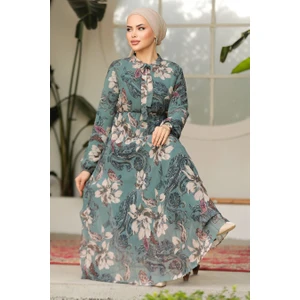 Neva Style Çiçek Desenli Çağla Yeşili Tesettür Elbise 50355CY