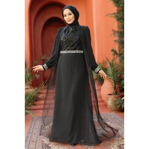 Neva Style Pelerinli Siyah Tesettür Abiye Elbise 25876S