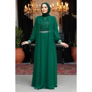 Neva Style Pelerinli Yeşil Tesettür Abiye Elbise 25876Y